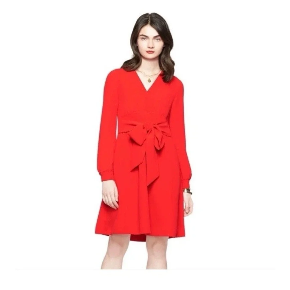 Kate Spade New York Red Empire Waist Long Sleeve V-Neck‎ Dress Size 0